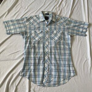 Vintage Running S Mens Short Sleeve Plaid Shirt Blue/White Western Style Snap Po
